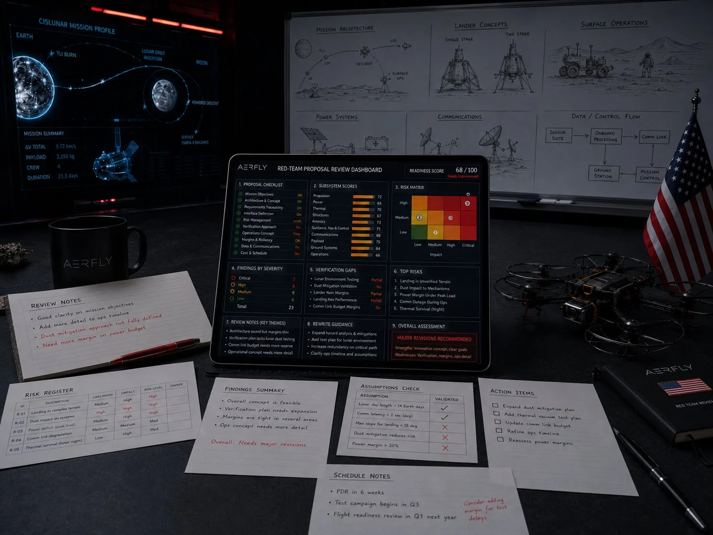 AeroFly red-team proposal review dashboard with mission architecture and readiness scoring