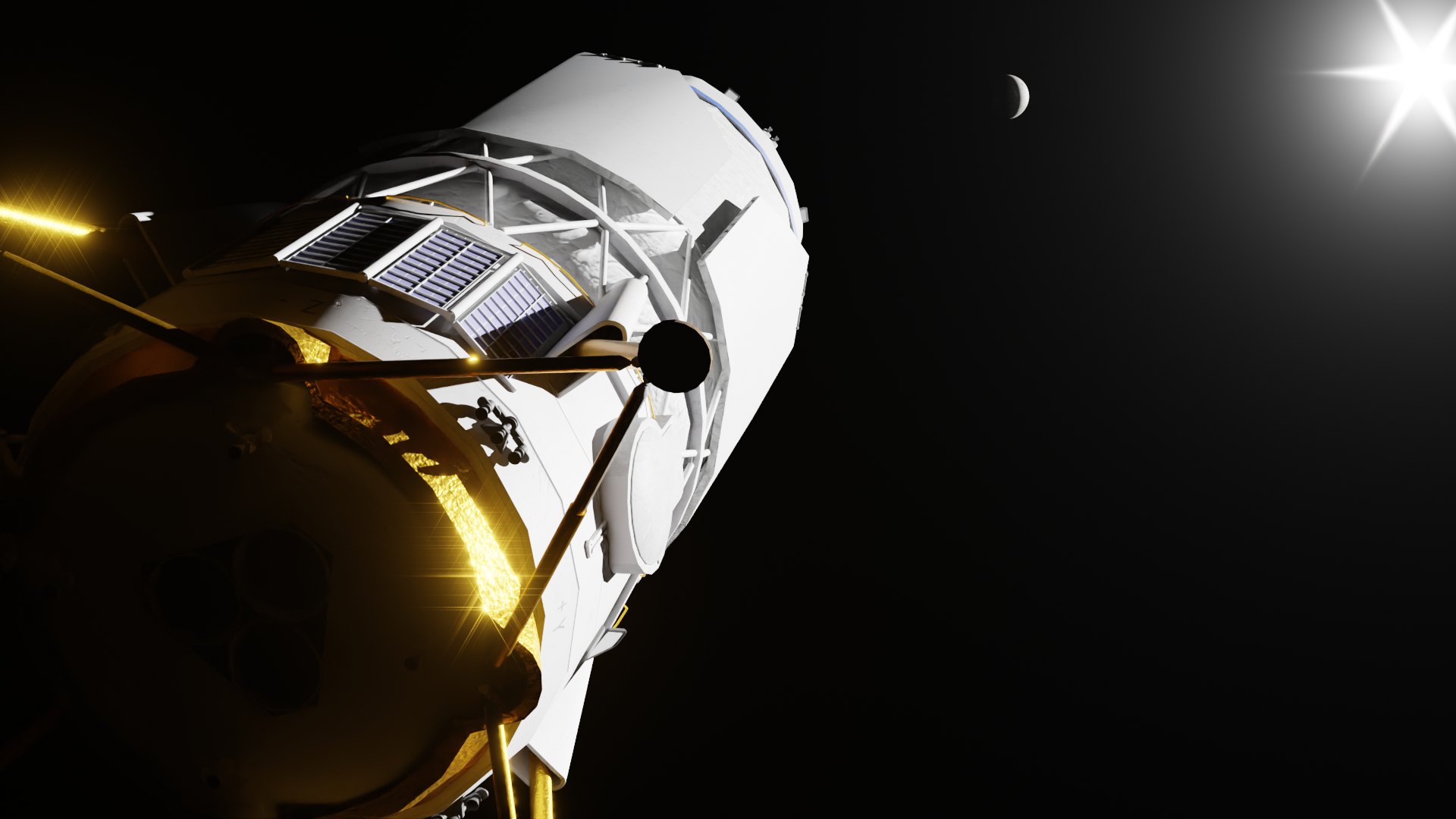 Spacecraft render with the Moon and sun flare in deep space