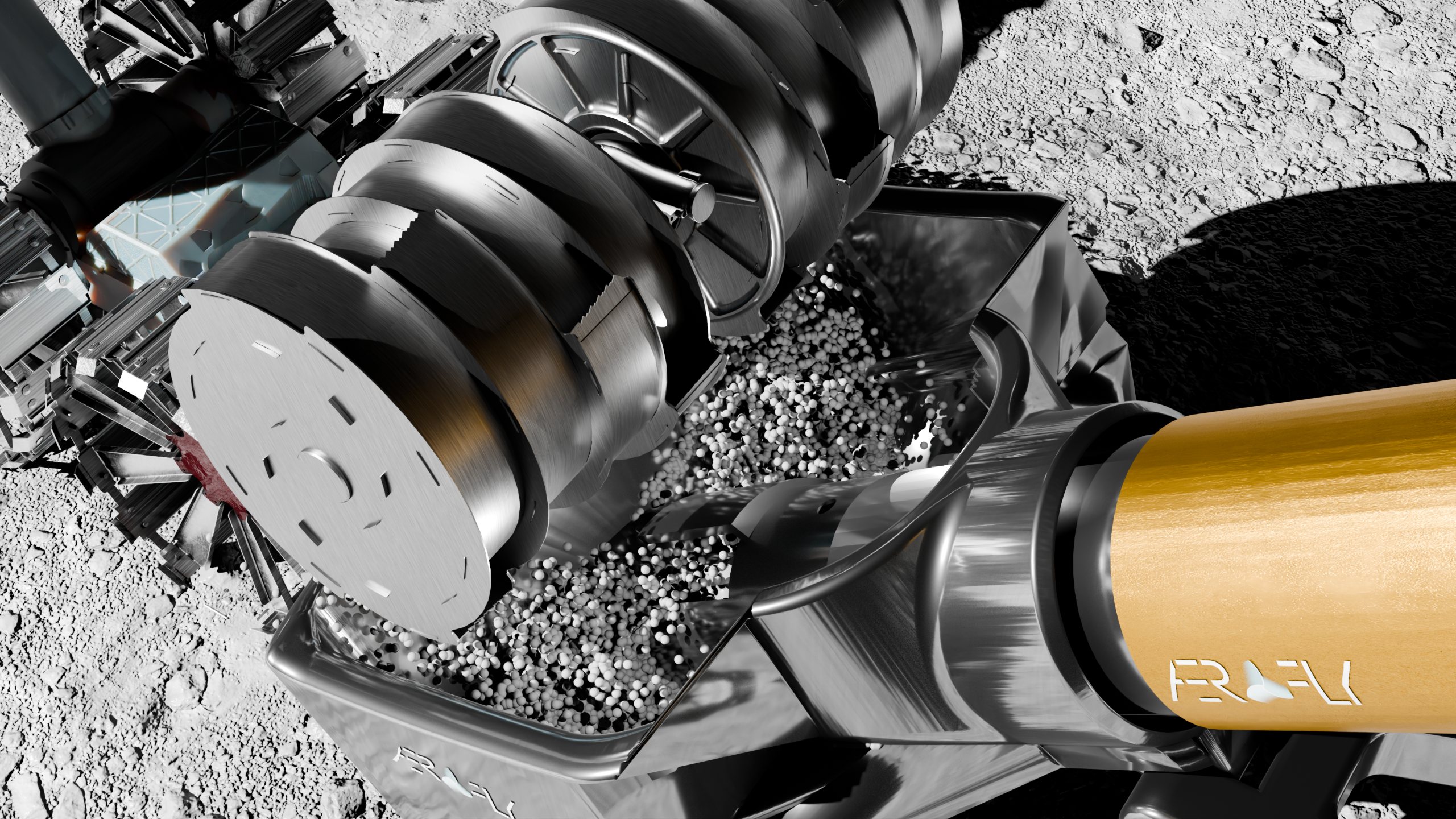Close view of the Rego-LIFT auger moving regolith grains through the conveyor tube