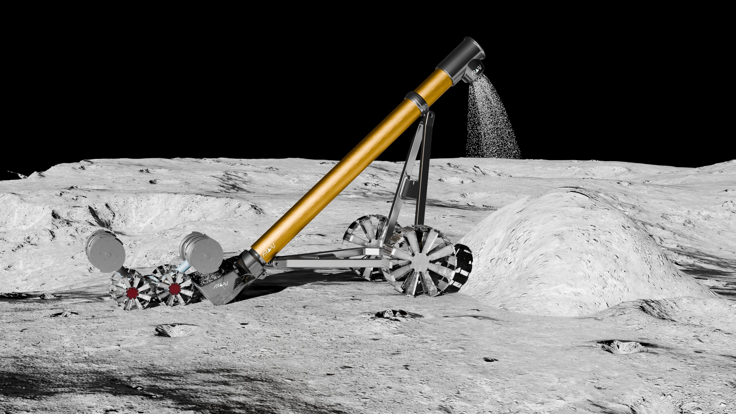 The portable Rego-LIFT discharging regolith onto a surface pile beside the iPEX rover